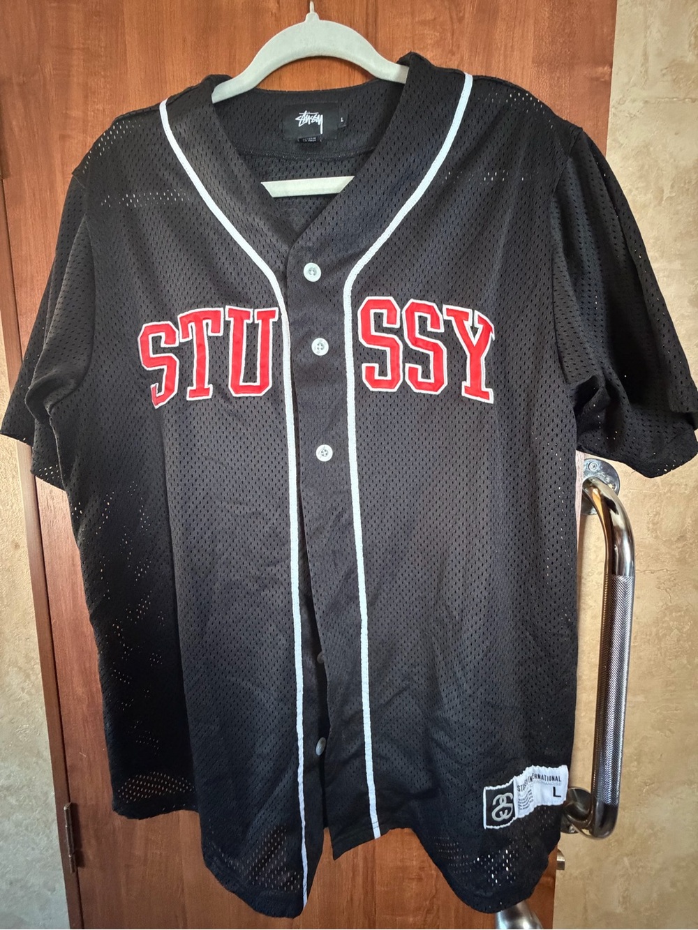 Stussy Black Mesh Baseball Jersey with Red Logo size Large